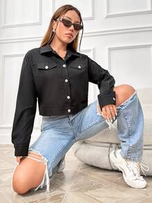 SHEIN Unity Letter Graphic Drop Shoulder Crop Jacket - Black - View 4