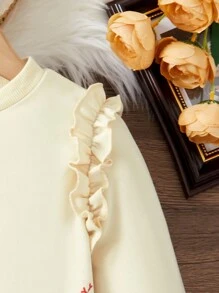 SHEIN Young Girl Floral Print Ruffle Trim Sweatshirt - Apricot - View 4