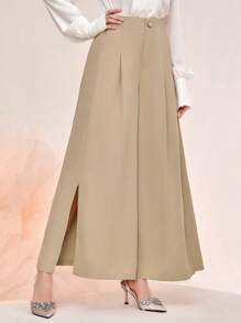 Modelyn Split Thigh Wide Leg Pants - Khaki - View 5