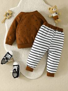 男嬰卡通圖案插肩袖運動衫和條紋圖案衛褲 - 彩色 - 查看 2