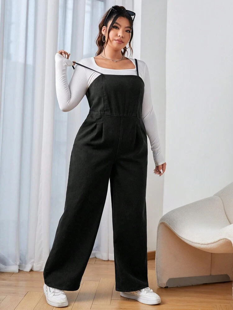 Plus Fold Pleated Detail Wide Leg Denim Overalls Without Tee