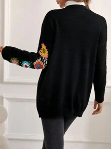 SHEIN Maternity Floral Crochet Open Front Drop Shoulder Cardigan, For Winter - Black - View 2
