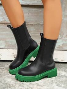 Giày bốt Chelsea đế xuồng màu tương phản thời trang nữ, giày bốt cổ ngắn đế dày có răng, chất liệu da, phong cách đường phố, phù hợp với mọi mùa - màu xanh lá - Xem 7