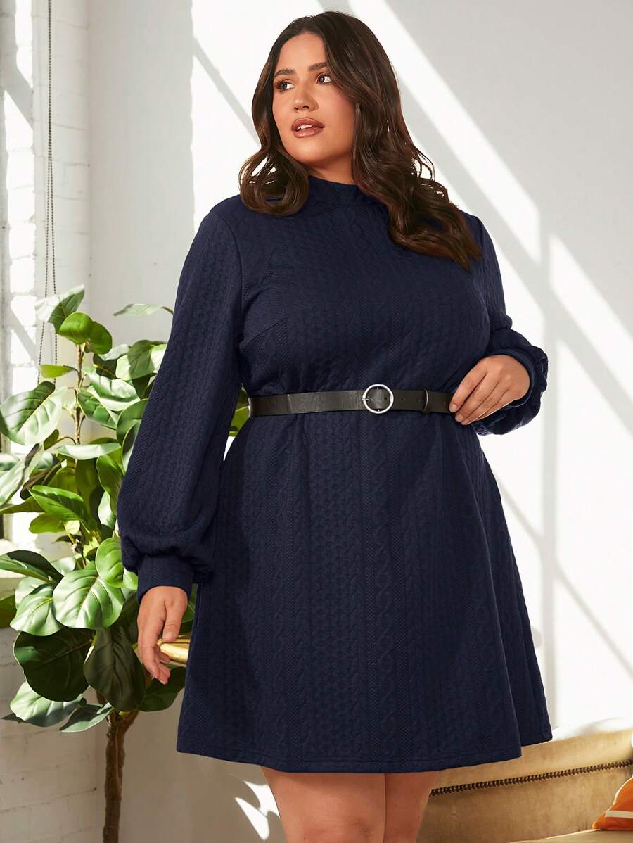 SHEIN Clasi 大碼小高領燈籠袖麻花編織洋裝不附腰帶 - 藏蓝色 - 查看 1