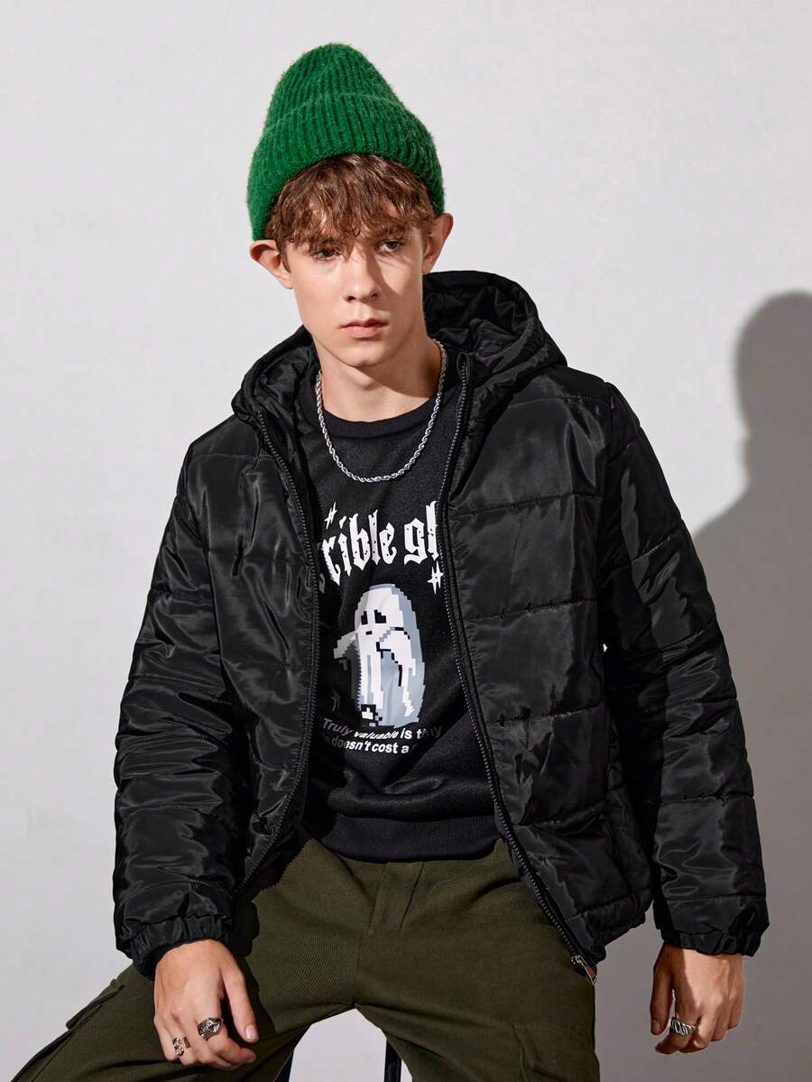 Áo khoác có mũ trùm đầu đệm túi chéo cho bé trai tuổi teen - màu đen - Xem 1