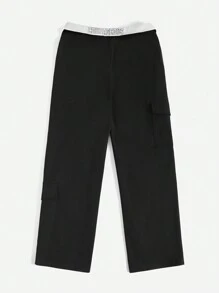 SHEIN EZwear Contrast Foldover Waist Flap Pocket Side Cargo Pants