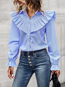 SHEIN Clasi Cămașă cu mânecă cu volan cu imprimeu în carouri