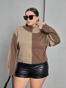 SHEIN Essnce 大碼雙色高領落肩袖套頭毛衣 - 彩色 - 查看 6