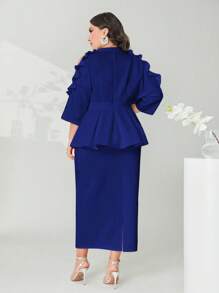 Modelyn Plus Ruffle Trim Peplum Top & Split Back Skirt - Royal Blue - View 3