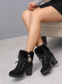 Autumn/winter New Arrival High Heel Short Boot With Side Zipper And Plush Lining For Women's Casual Fashion And Warmth - Black - View 1