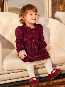 Váy đầm ren tương phản cho bé gái - Màu Đỏ Sâu - Xem 3