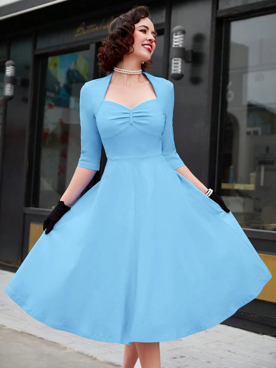 MUXXN 心形领口褶皱胸部喇叭裙摆连衣裙 - 淺藍色 - 查看 1