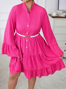 Celure Plus Flare Sleeve Layered Ruffle Hem Smock Dress - Hot Pink - View 5