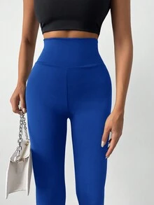 SHEIN Cottnline Solid Wideband Waist Leggings - Blue - View 3