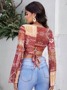 SHEIN VCAY In hoa văn khăn tay áo lá sen Top Cây trồng - Nhiều màu - Xem 2