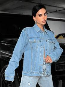 EURMUSE Flap Pocket Drop Shoulder Denim Jacket - Blue - View 4