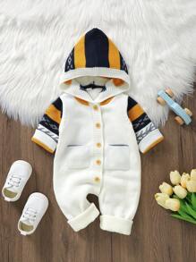 SHEIN Bộ áo liền quần dệt kim có mũ trùm đầu cho bé trai - trắng - Xem 1