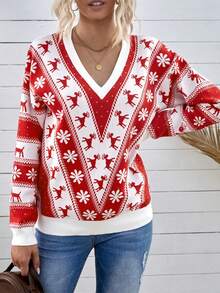 Christmas Pattern Drop Shoulder Sweater - Red - View 6