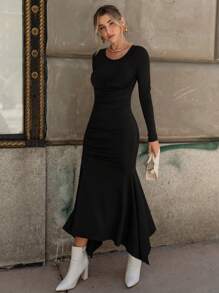 SHEIN Privé Solid Split Thigh Mermaid Hem Dress