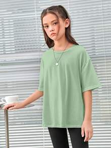 SHEIN Tween Girl Letter Graphic Drop Shoulder Split Hem Tee - Green - View 6