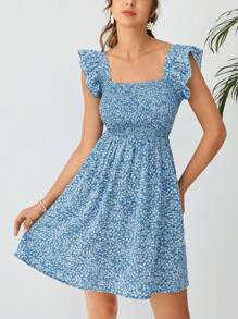 Soleia Vestido con estampado floral ribete con fruncido - Azul - Ver 1