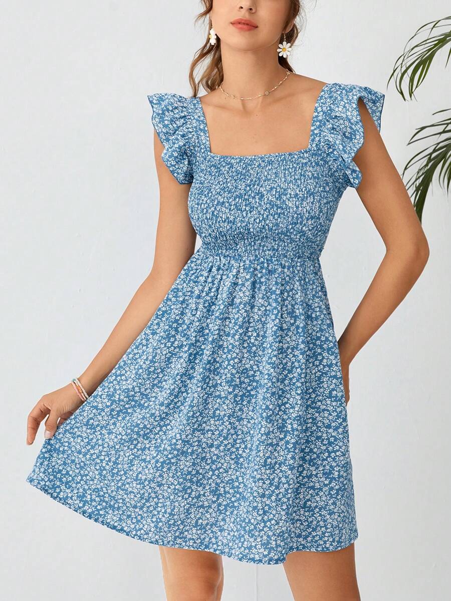 Soleia Vestido con estampado floral ribete con fruncido - Azul - Ver 1