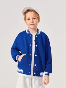 SHEIN Tween Boy Drop Shoulder Striped Trim Bear Print Back Varsity Jacket - Blue - View 5