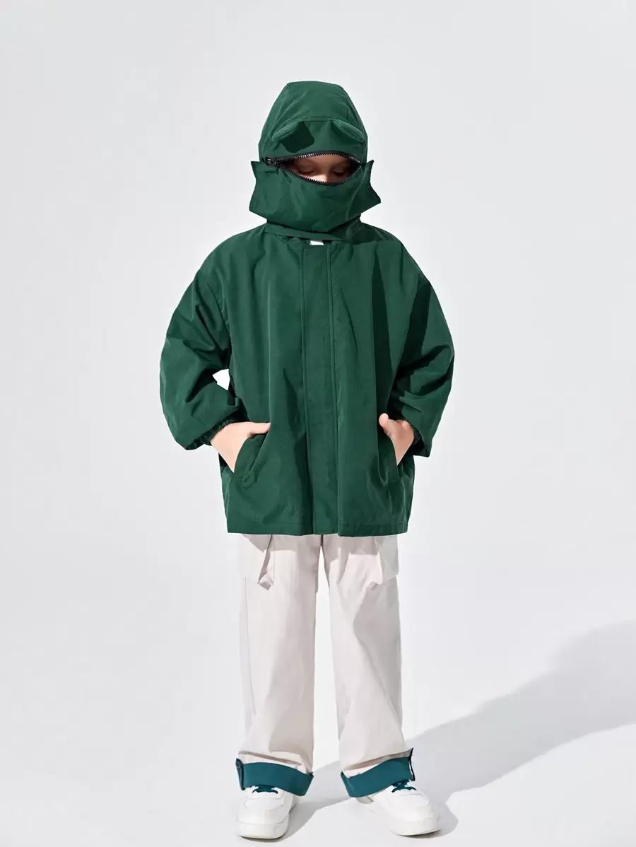 SHEIN 男孩拉鏈開襟連帽防風外套 - 綠色 - 查看 1