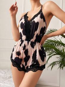 滿版印花露背交叉蕾絲拼接連體睡衣