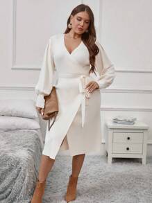 SHEIN Clasi Plus Lantern Sleeve Wrap Belted Sweater Dress In Fall/Winter
