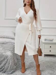 SHEIN Clasi Plus Lantern Sleeve Wrap Belted Sweater Dress In Fall/Winter