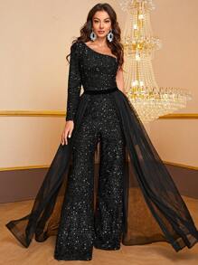 YISIKADO One Shoulder Mesh Overlay Sequin Elegant Long Sleeve Jumpsuit - Black - View 1