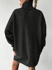EURMUSE 高領落肩袖毛衣洋裝不附腰帶 - 黑色 - 查看 2