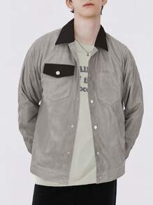 Manfinity Hypemode 男士拼接領翻蓋口袋燈芯絨夾克 - 淺灰色 - 查看 3