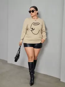 SHEIN Essnce Plus Figure Pattern Drop Shoulder Sweater Fall/Winter - Apricot - View 3