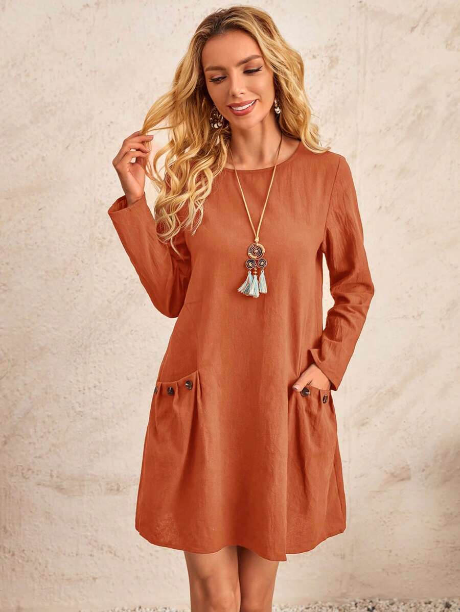 EMERY ROSE Solid Dual Pocket Button Detail Dress - Redwood - View 1