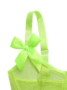 5入組螢光綠網紗蝴蝶結裝飾鋼圈吊帶襪內衣套裝& 1對腿環