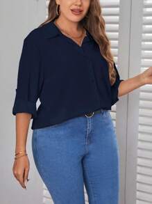 SHEIN Essnce Plus Roll Tab Sleeve Curved Hem Shirt - Navy Blue - View 5