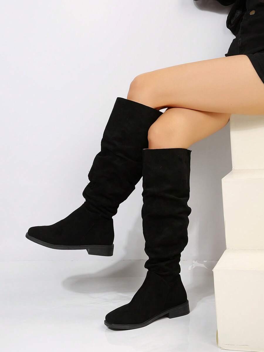 歐美風大碼女式秋冬時尚休閒平底及膝靴 - 黑色 - 查看 1