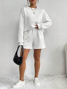 Drop Shoulder Sweatshirt & Shorts - White - View 7