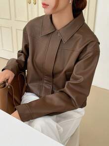 DAZY Drop Shoulder Zip Up PU Jacket - Brown - View 6