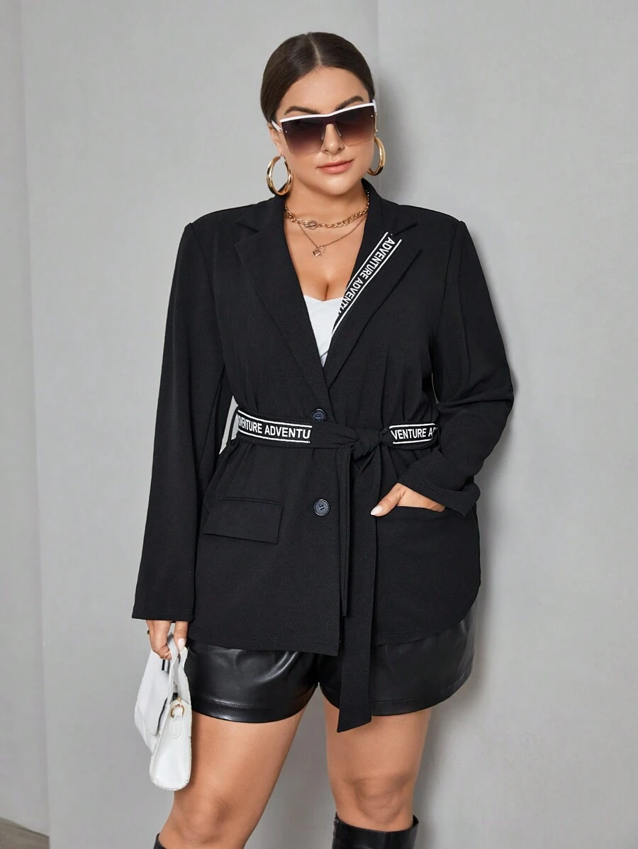 SHEIN Essnce Plus Letter Graphic Lapel Neck Blazer - Black - View 1