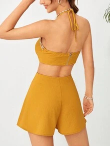 Soleia 撞色飾邊繫帶露背掛脖上衣和短褲 - 黃色 - 查看 2