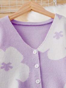 SHEIN Tween Girl Floral Pattern Lantern Sleeve Cardigan - Purple - View 3