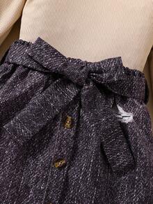 SHEIN 女小童毛茸邊T恤和腰帶牛仔效果半身裙 - 杏色 - 查看 7