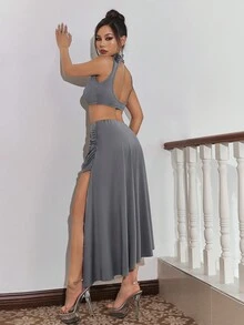 SHEIN ICON 高領露背短款背心和不對稱下擺半身裙 - 灰色 - 查看 3