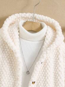 SHEIN Tween Girl 1pc Solid Button Front Hooded Teddy Coat - White - View 3