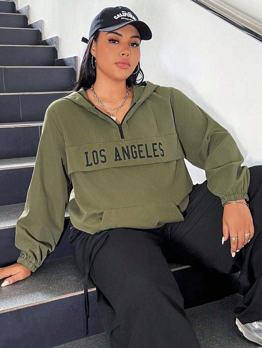 SHEIN EZwear Plus Letter Graphic Half Zip Hooded Jacket - Green - View 1