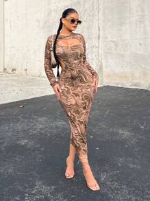 SHEIN X GiudiceGirls Marble Print Cut Out Front Bodycon Dress - Multicolor - View 1