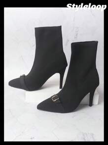 Women's Knitted Shoe Upper Fashion High Heel Boots - Black - View 7